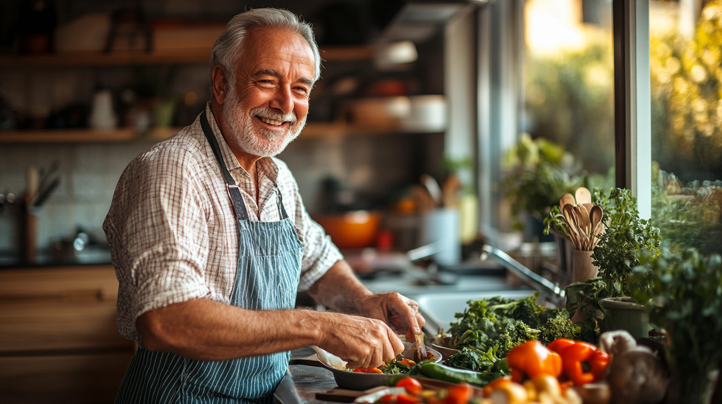 Щаслива пара старшого віку готує здорову їжу разом на кухні